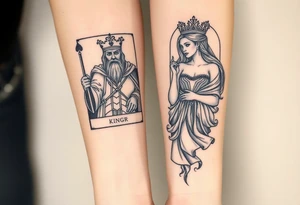 King's card as an old warrior and queen's card as a beautiful woman, more realistic tattoo idea