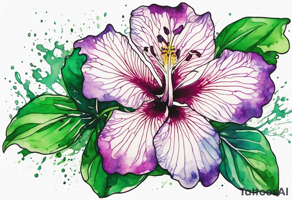 An outline of a green rio dipladenia flower and a green and purple watercolor splash in the background tattoo idea