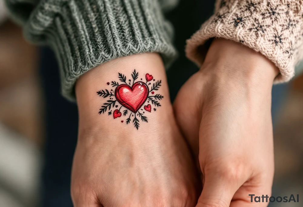 A red candy-heart design on each partner wrist tattoo idea