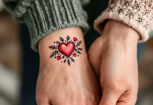 A red candy-heart design on each partner wrist tattoo idea