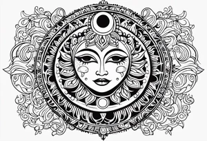 Mexican feminine alien Sun and moon. Freeform rectangular sternum swirls with dots and stars tattoo idea