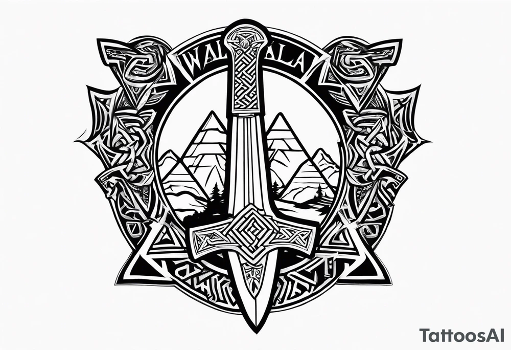 Valhalla 
 sword axe valknut tattoo idea