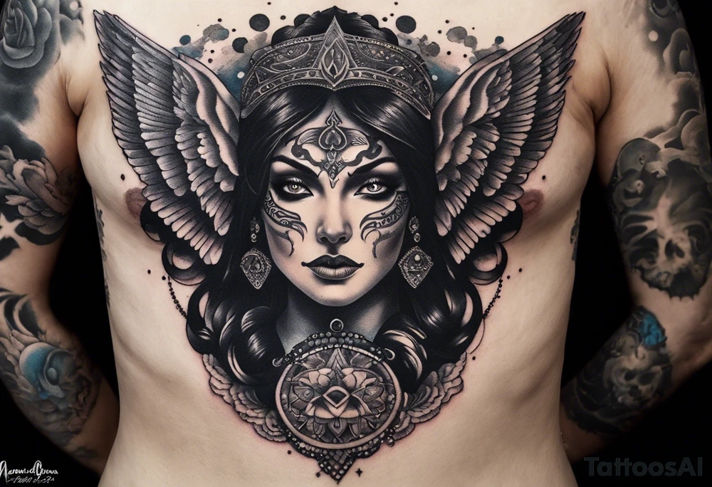 black kali, goddess pirate, alien, angel, pachamama, valkrye, warrior, flying, skull, lotus azul, wing, eagle, zenza resonance, stars, 5D, anahata chakra, death, durga, riding on a tiger, flying lady, chest tatoo tattoo idea