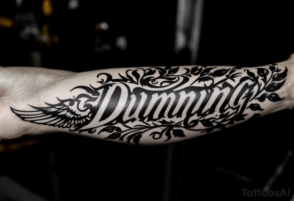 Dunning, left forearm details include angel wing, greek type of font,jungle leaves , tiger claw scratch tattoo idea