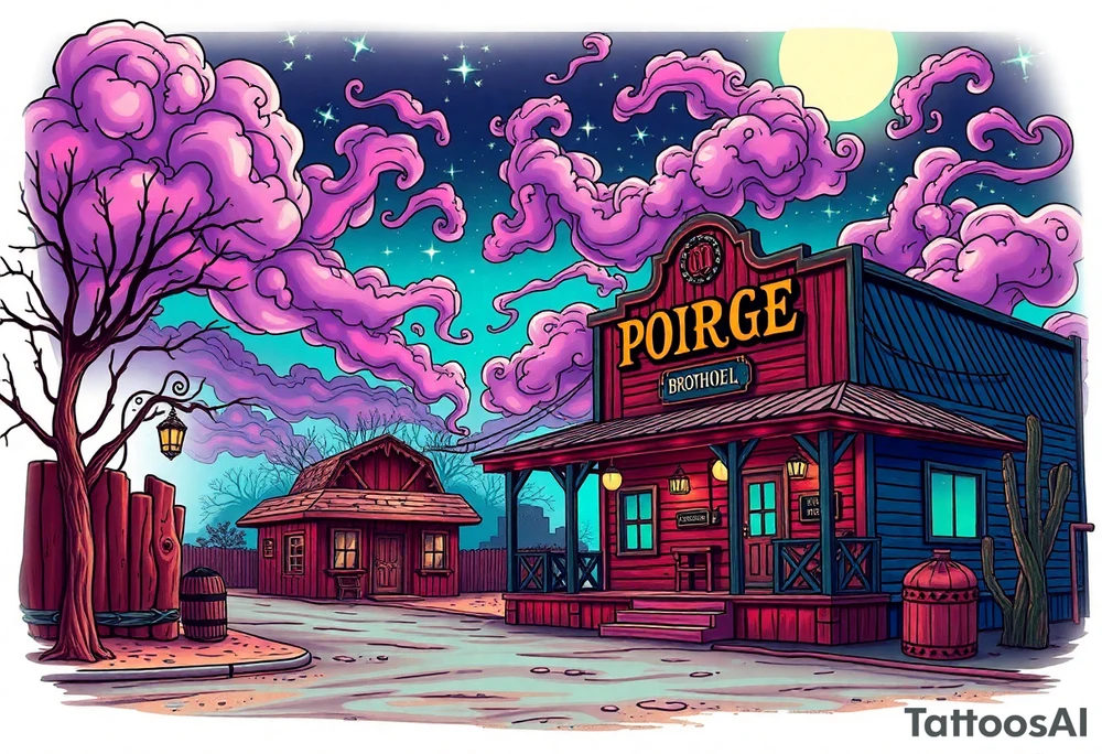 Tim Burton’s old western cowboy texas brothel r from outside view is the street abandoned and dripping with muted reds, dusty pinks, and eerie green glow purple and cyan smokey clouds swirl and dance in the moonlit night sky filled with twinkling stars  tattoo idea tattoo idea