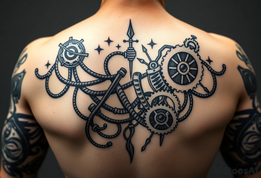 Create a full back tattoo.

I’d like the new elements to be in a different style than Polynesian, but still visually cohesive so they complement the existing tattoos rather than clash with them. Maybe steampunk, pipes, cords, cogwheels and mechanical elements tattoo idea