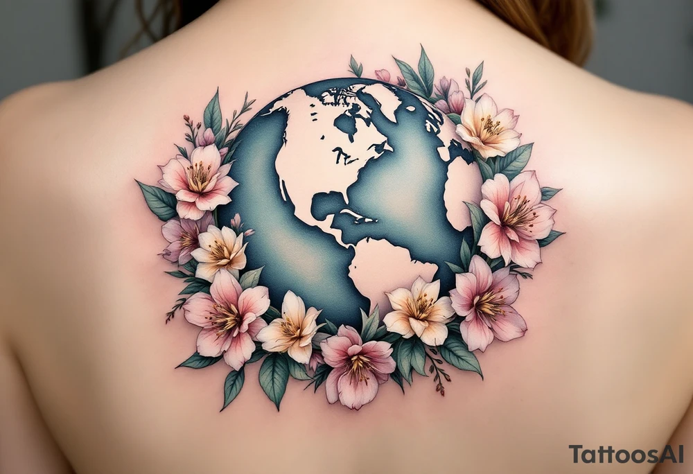 A globe encircled by blooming flowers in soft pastels rests on a bed of lush green continents. tattoo idea