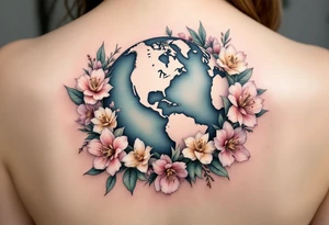 A globe encircled by blooming flowers in soft pastels rests on a bed of lush green continents. tattoo idea