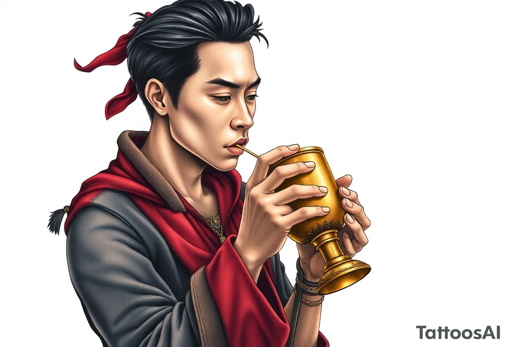 Handsome Asian young guy is drinking from medieval golden cup tattoo idea