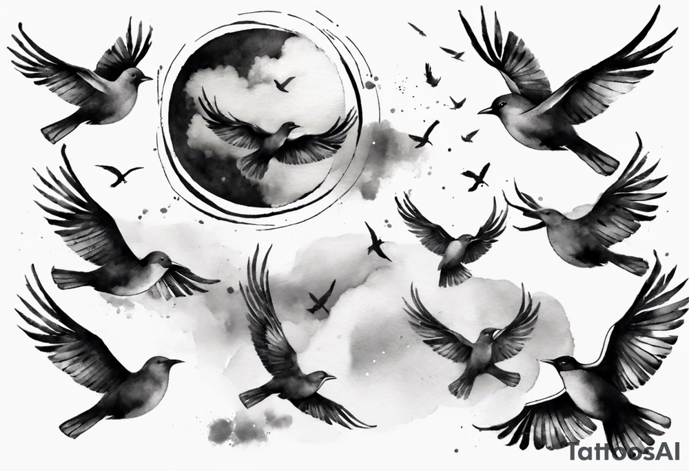shoulder tattoo with light rays with birds flying free among the clouds, round shape, 3d effect tattoo idea