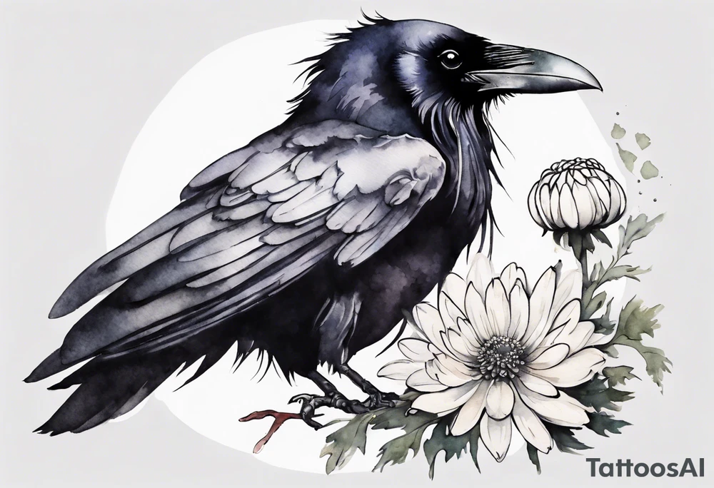 a raven with a small white chrysanthemum on its head tattoo idea