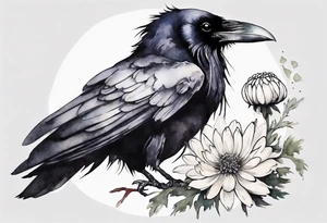 a raven with a small white chrysanthemum on its head tattoo idea
