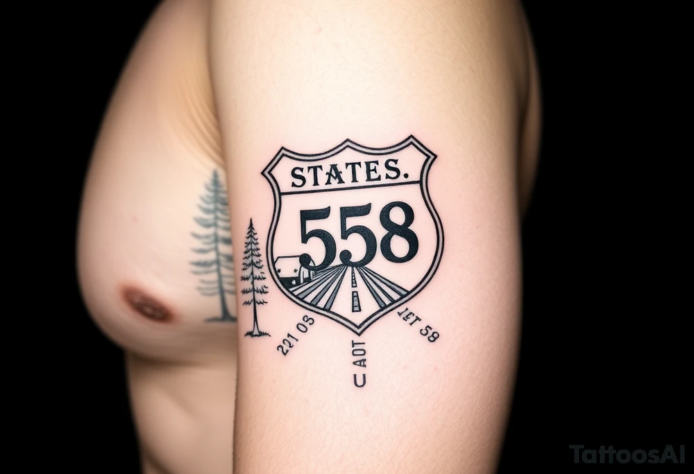 Arm sleeve small State Route sign 558, with trees all around and farm in background, road w/ view facing up the arm tattoo idea