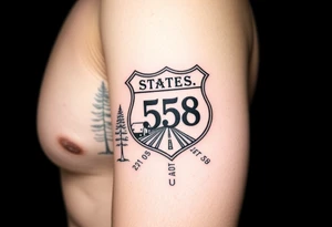 Arm sleeve small State Route sign 558, with trees all around and farm in background, road w/ view facing up the arm tattoo idea