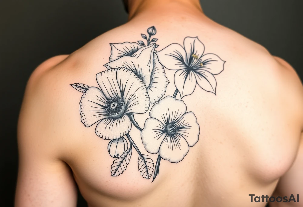 Fore arm tattoo in the neo american traditional style. I want to incorporate a few different flowers: poppy's, morning glorys, narcisus in full color tattoo idea