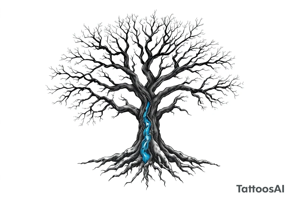 Black and white Tree with roots. Blue water inside the whole tree like many thin veins, flows from the brunches to the roots tattoo idea