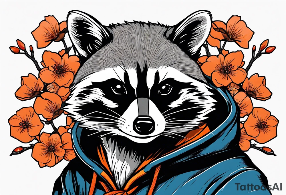 raccoon wearing a black and white Superman hoodie and orange Japanese cherry blossoms tattoo idea