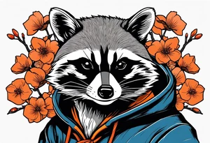 raccoon wearing a black and white Superman hoodie and orange Japanese cherry blossoms tattoo idea