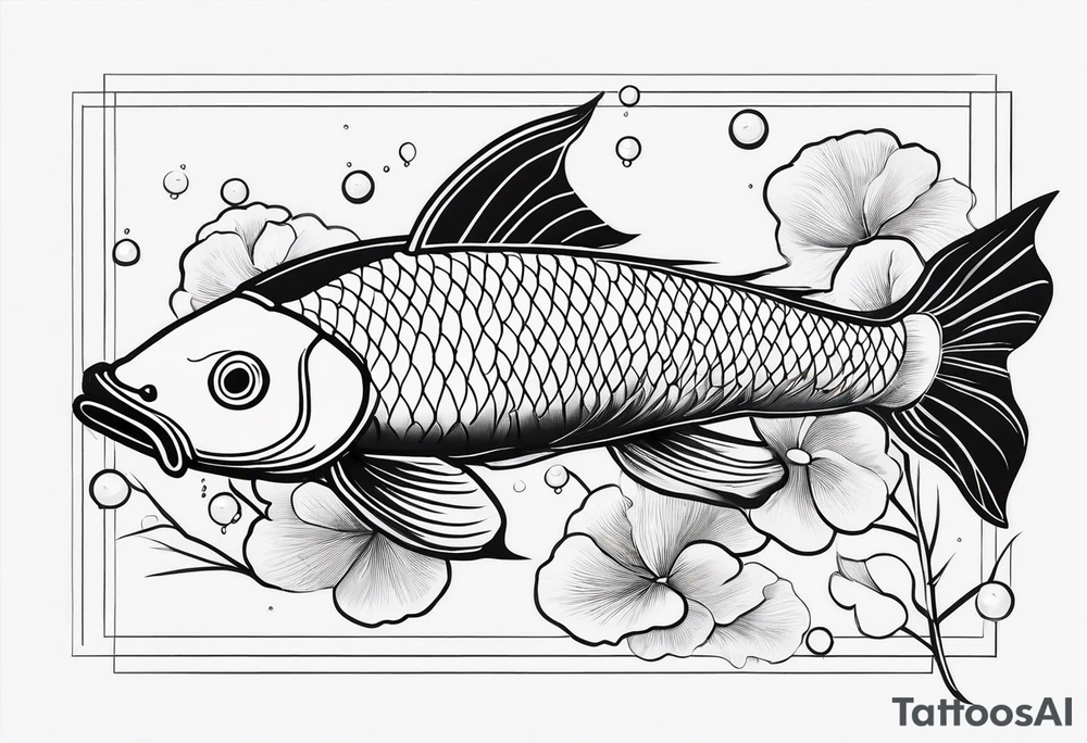 koi fish with a narrow body and elongated fins, trimmed with pearls, ginkgo leaves around tattoo idea