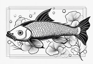 koi fish with a narrow body and elongated fins, trimmed with pearls, ginkgo leaves around tattoo idea