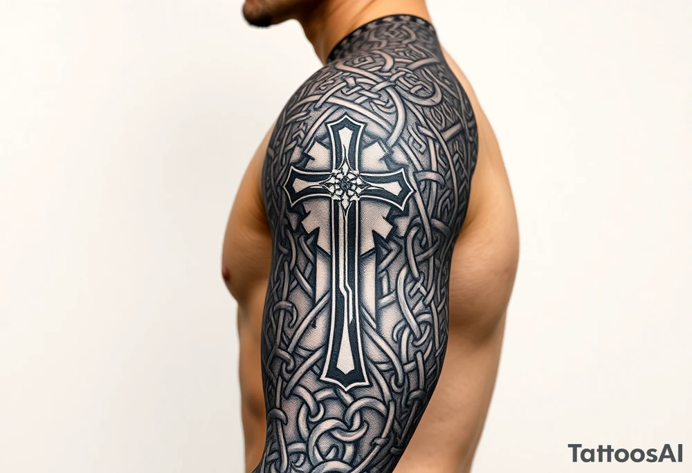 Huge shoulder tattoo of Celtic chainmail covering entire arm up to neck with a cross tattoo idea