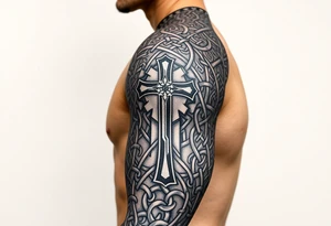 Huge shoulder tattoo of Celtic chainmail covering entire arm up to neck with a cross tattoo idea