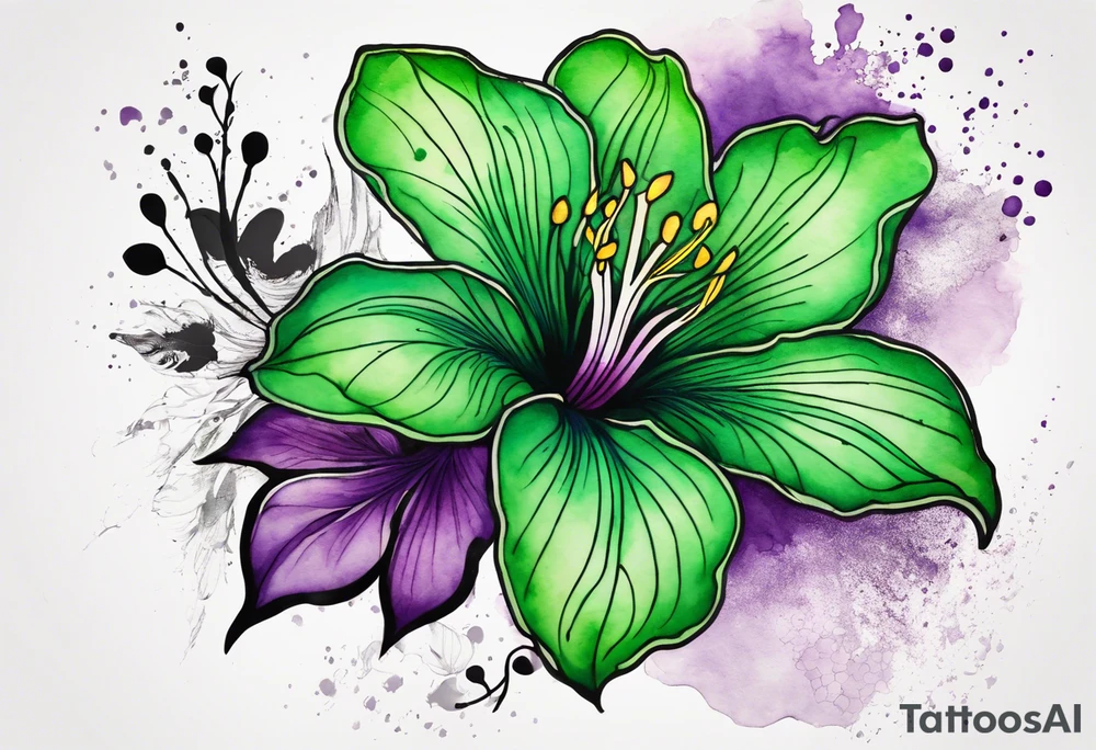 A mystical outline of a green and purple rio dipladenia flower and a green and purple watercolor splash in the background tattoo idea