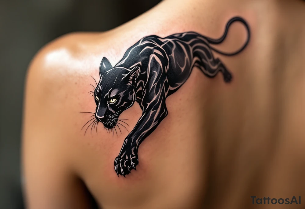 A majestic black panther mid-pounce, with glossy fur in deep obsidian and charcoal highlights, casting a shadow on the skin. tattoo idea