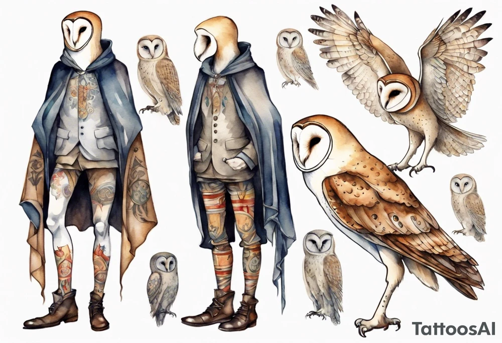 a thin man with long legs and the head of a barn owl wearing medieval pants and boots tattoo idea