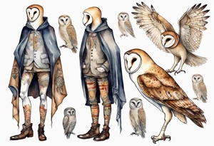 a thin man with long legs and the head of a barn owl wearing medieval pants and boots tattoo idea