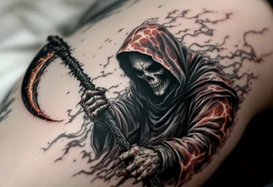 A fiery Reaper in lava-toned robes wielding a charred black scythe. tattoo idea