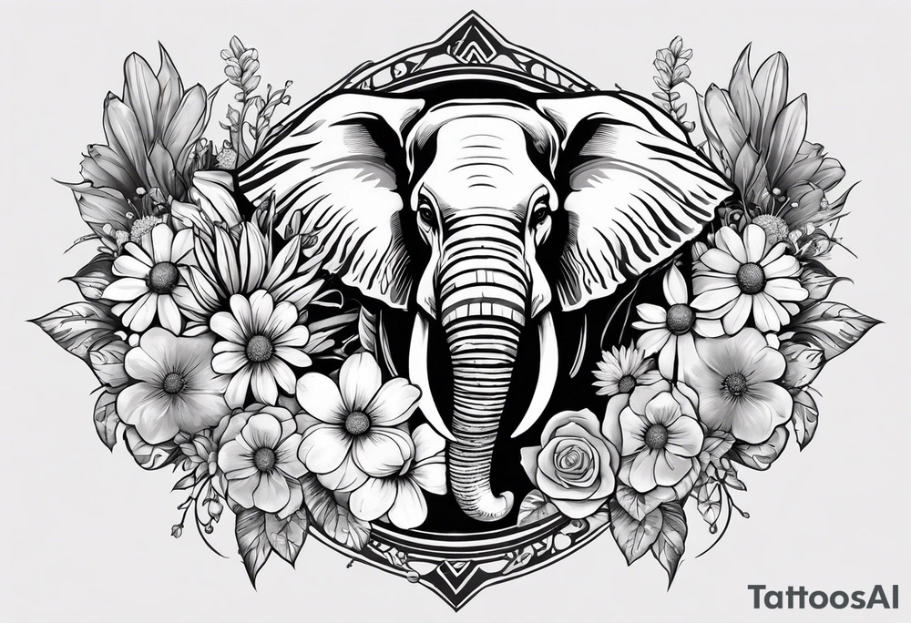 Forearm sleeve that includes a tribal elephant surrounded by voilet flowers, next to a deer skull wrapped with a survival ribbon and surrounded by morning glory flowers, and a cow skull painted with little daisy’s, surrounded by larger daisy flowers and cactus. tattoo idea