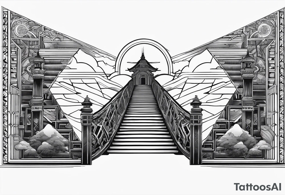 stairway to heavens gate with person walking up it, nortic compass tattoo idea