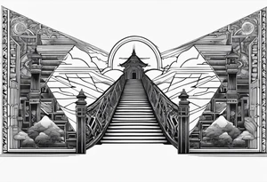 stairway to heavens gate with person walking up it, nortic compass tattoo idea