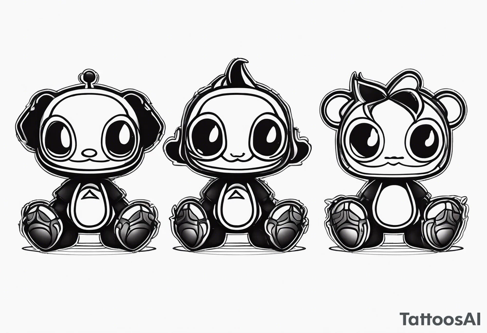 Three sackboys from "litten big planet" in a row, full Black, different poses tattoo idea