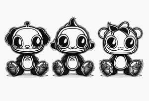 Three sackboys from "litten big planet" in a row, full Black, different poses tattoo idea