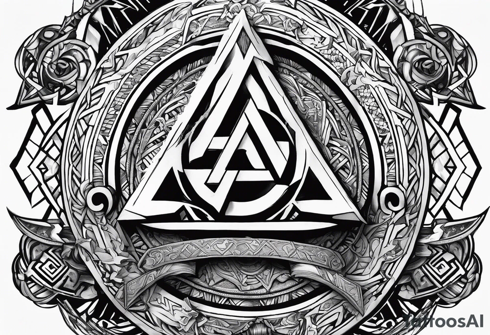 Valhalla sword shield axe Valknut tattoo idea