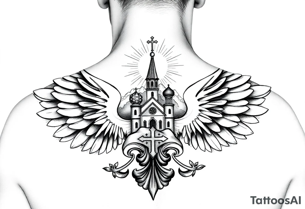 russian coat of arms with both heads visible & wings spanning out on my back neck across on to my shoulders / traps with a orthodox christian church being visible in a mountainous sun beaming setting, with the russian orthodox cross spire of the orthodox church being visible on my neck with a sun beaming in the background that the cross sits inside tattoo idea