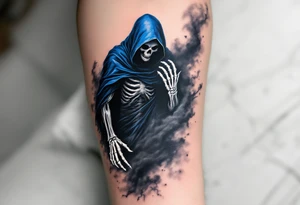 A blue-hooded Grim Reaper stepping out of a smoky gray mist with glowing white skeletal hands. tattoo idea