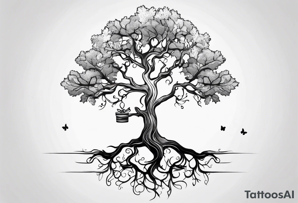 One line tattoo of oak tree with little gift at the bottom tattoo idea
