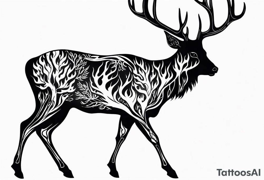 side profile of a deer skeleton JUST BONE surrounded by a flames and trees tattoo idea