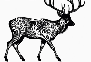 side profile of a deer skeleton JUST BONE surrounded by a flames and trees tattoo idea
