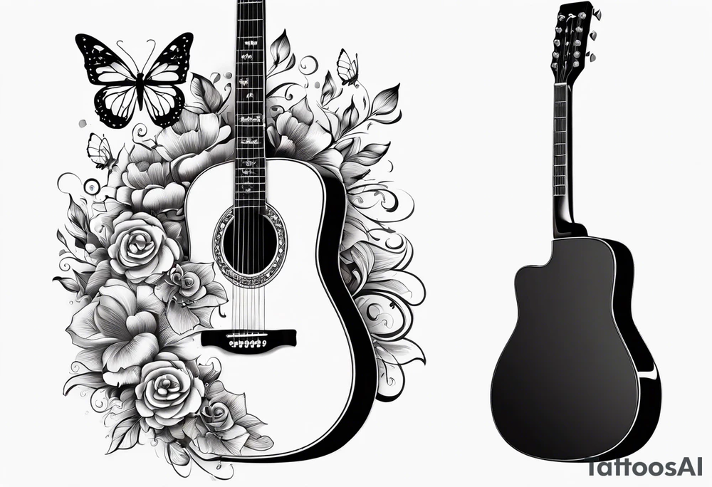 Single electric acoustic Guitar in shape with flowers growing off the side, butterflies tattoo idea