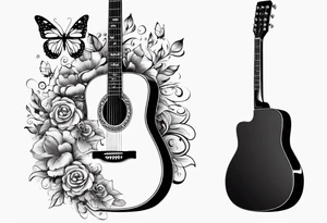 Single electric acoustic Guitar in shape with flowers growing off the side, butterflies tattoo idea