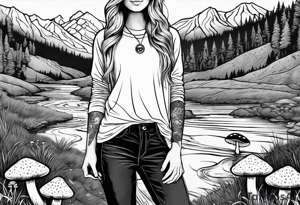 Whole picture encircled fully

Straight long blonde hair hippie girl in distance holding mushrooms in hand facing away toward mountains and creek surrounded by mushrooms long sleeve shirt and hiking pants; whole rendering within a full circle, no cut off circle tattoo idea