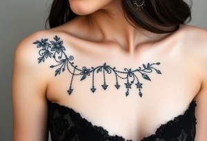 Vintage floral lace and delicate jewelry inspired with draping chains and 5 pointed crystal star charms. Make it cover the entire upper arm/shoulder please tattoo idea