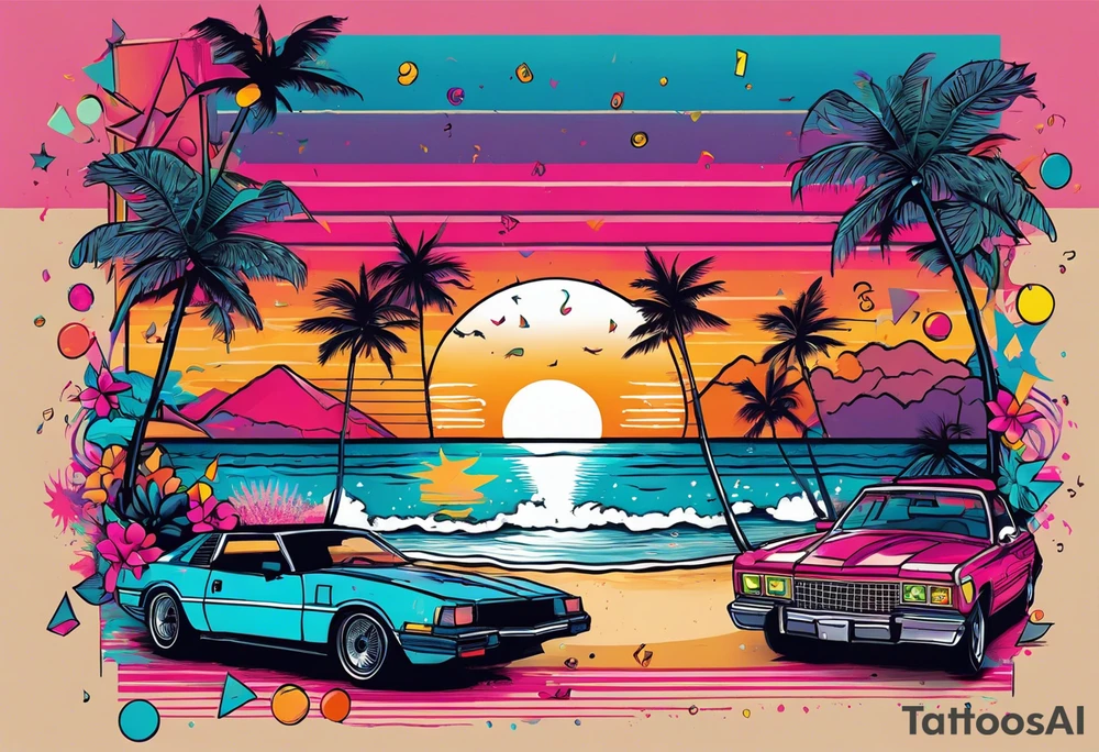 1980's miami vice style beach dance 
party, include confetti, music notes, boom box, bikinis sunset in the center tattoo idea