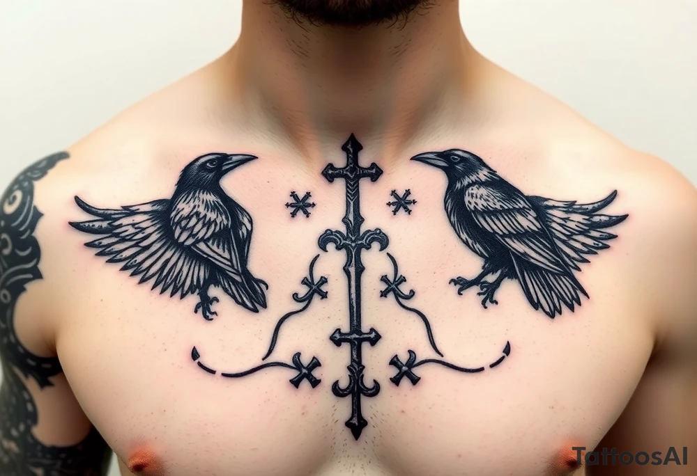 Chest tattoo, two ravens and icelandic symbols, dark brest tattoo tattoo idea