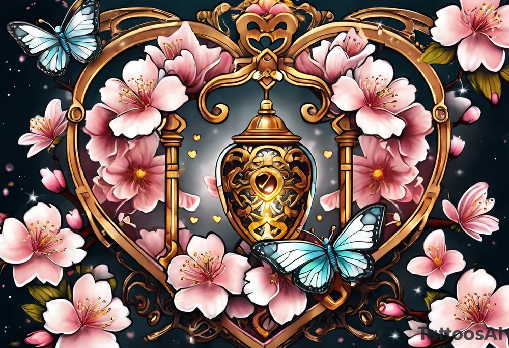 Cherry Blossom Tattoo with a key that unlocks a heart surrounded by white butterflies and in a golden aura tattoo idea