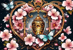 Cherry Blossom Tattoo with a key that unlocks a heart surrounded by white butterflies and in a golden aura tattoo idea